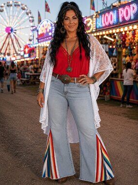 Women’s Light Blue Flared Jeans with Rainbow Hem Insets